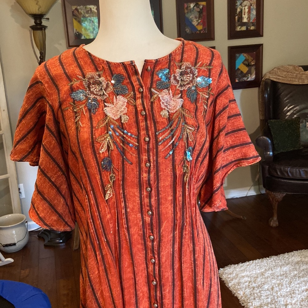 RARE Aratta Silent Journey Rust Orange Embroidered Maxi Dress